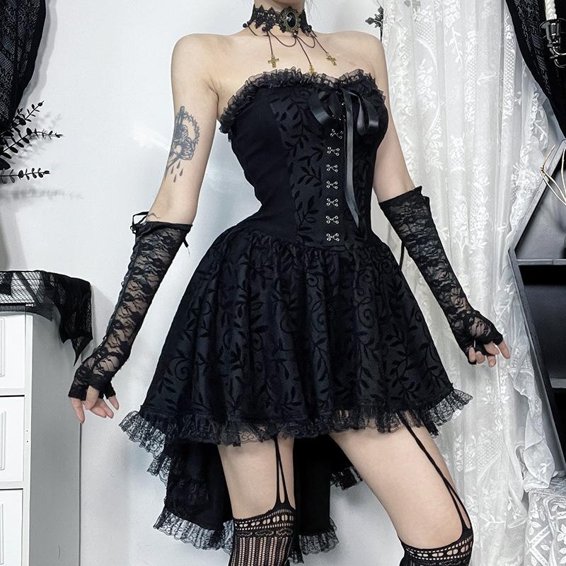 AltGoth Элегантное готическое платье Fairycore для женщин, винтажное эстетическое темное панк-кружевное лоскутное платье с высокой талией, бандажное корсетное платье для женщин