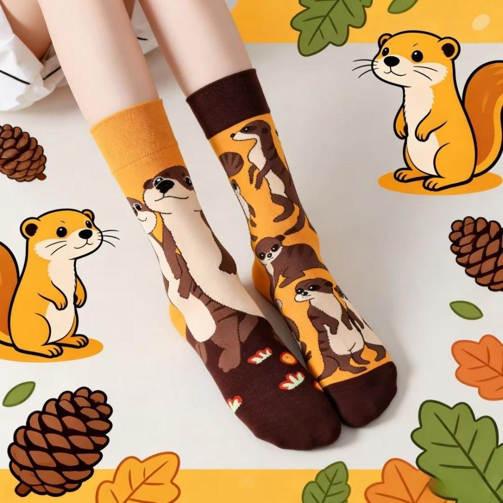 Cartoon Mid-Calf Socks Cute Home Socks Fashion Weasel Pattern Socks  For Daily Wearing