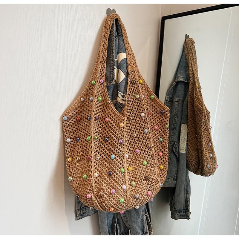 Large Capacity Braid Colorful Rivet Shoulder Bags Hollow Out Sense of Luxury Handbags for Women 2024 Casual Fashion Tote Summer