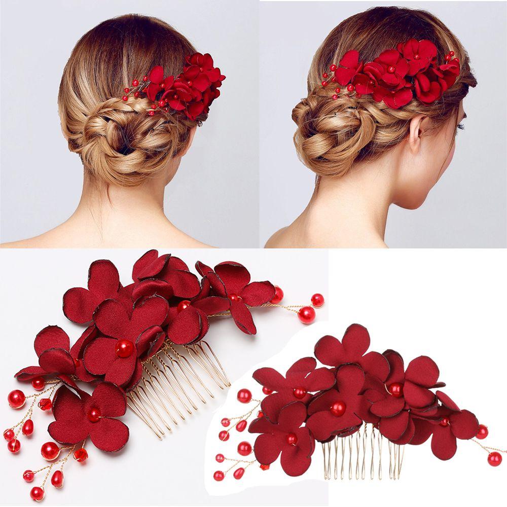 Romantic Wedding Hair Jewelry Bridesmaid Tiara Hair Combs Bridal Clips Red Flower Hair Pin