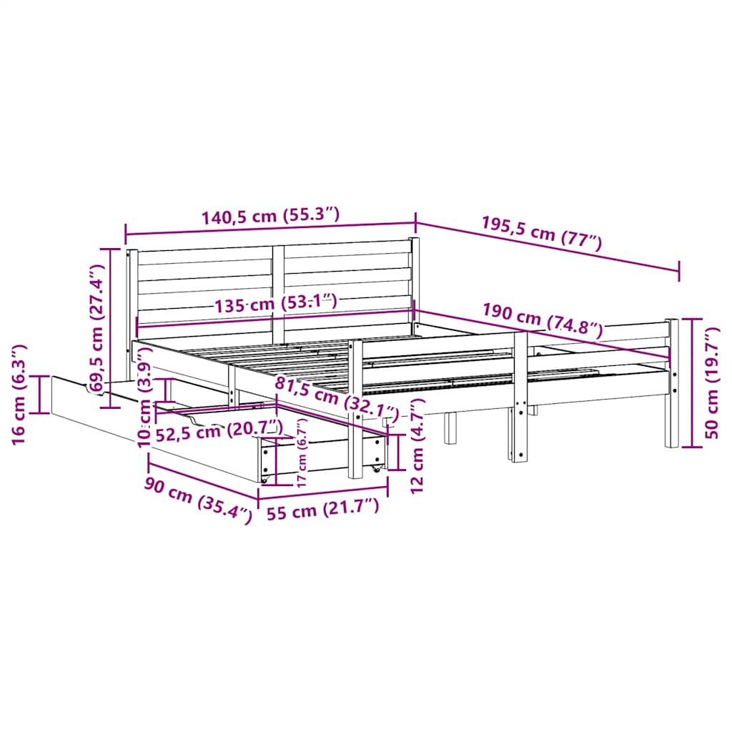 Solid Wood Bed Frame without Mattress 135 x 190 cm Pine Wood