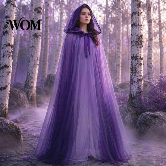 Halloween Cloak Hooded Mesh for Adults, 2 Layer Sheer Tulle Cape, Layered Cosplay Gothic Witch Queen Costume Renaissance Accessories Bride