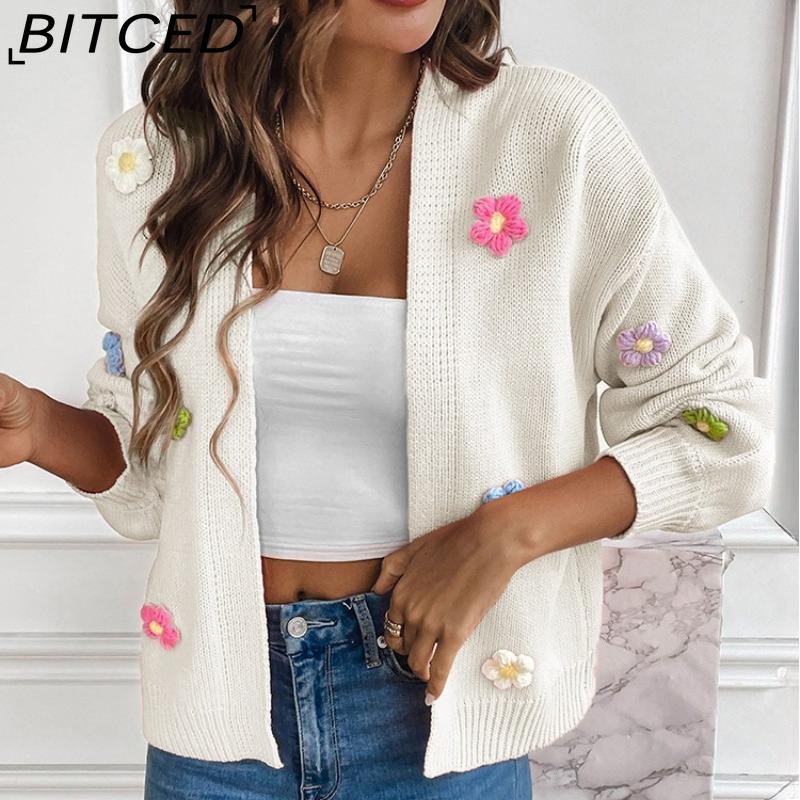 BITCED Hand-Crocheted Floral Sweet Knit Cardigan Sweater Jacket for Women Lazy-Chic Style Casual Oversized Knitwear