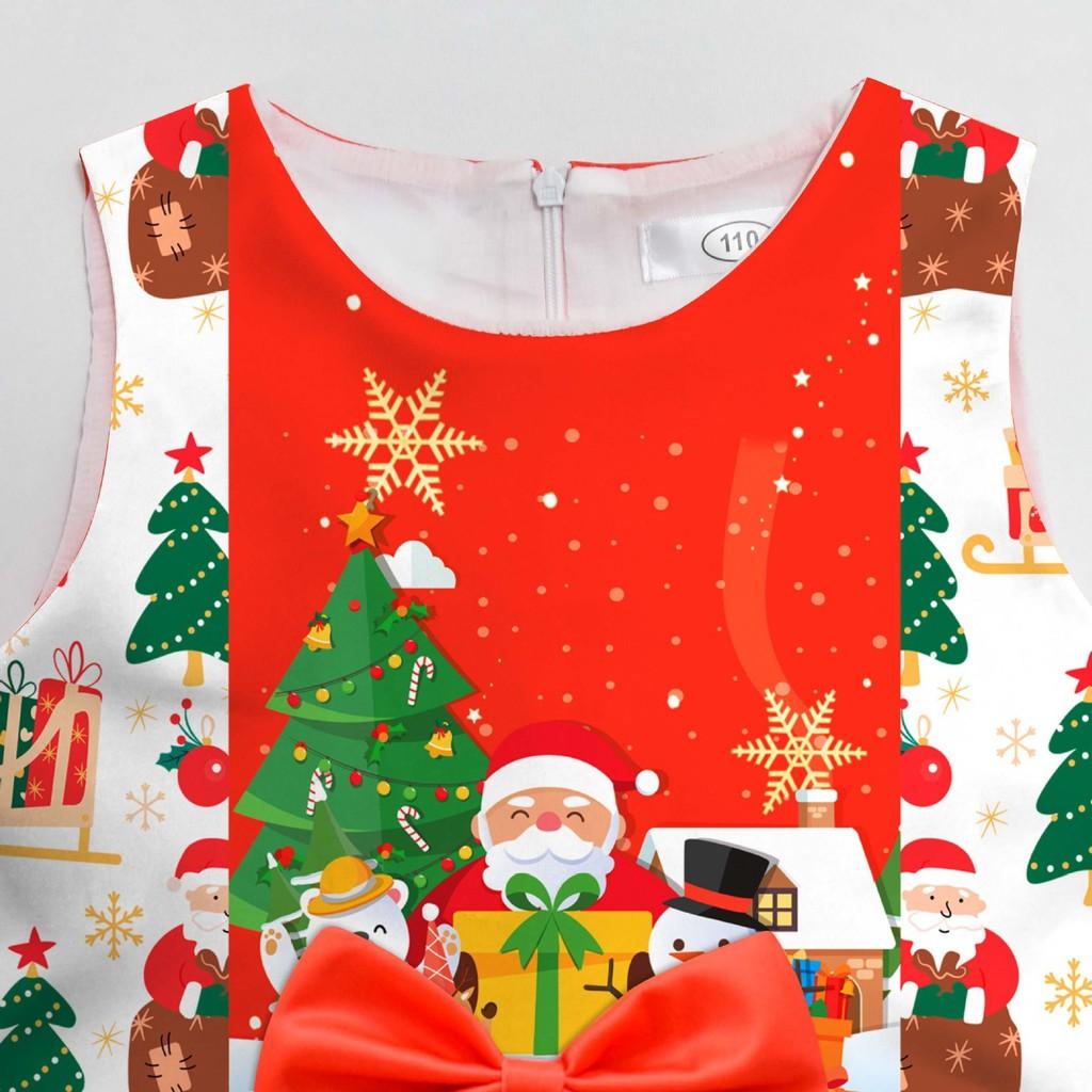 Детское платье для девочек с мультяшным принтом Санта-Клауса, рождественской елки, лося, бантом, без рукавов, повседневное