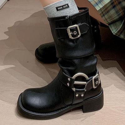 Ботинки ковбойские западные с широким голенищем, свободные, 2025 осень-зима, новые модные ботинки-трубы средней высоты на толстой подошве, увеличивающие рост, коричневые ботинки женские