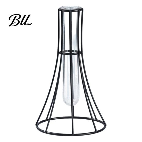 Narrow Mouth Flower Vase Decorative Glass with Metal Wire Stand Clear Test Tube Iron Desktop Art Frame for Hydroponic Plant Modern Container