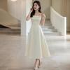 Бежевое платье с квадратным вырезом женские подтяжки высокая талия А-силуэт средней и большой длины платье банкетное темпераментное стиль знаменитости платье для подружки невесты комбинезон