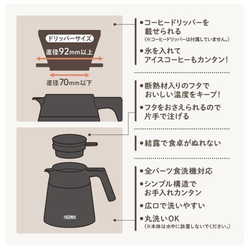 Thermos Vacuum Insulated Coffee Server 720ml Black All Parts Dishwasher Safe Coffee Dripper Thermos Structure Heat/Cold TTF-720 BK