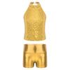 Girls Sleeveless Backless Shiny Sequin Halter Crop Top Metallic Dance Shorts Jazz Dance Stage Performance Outfit