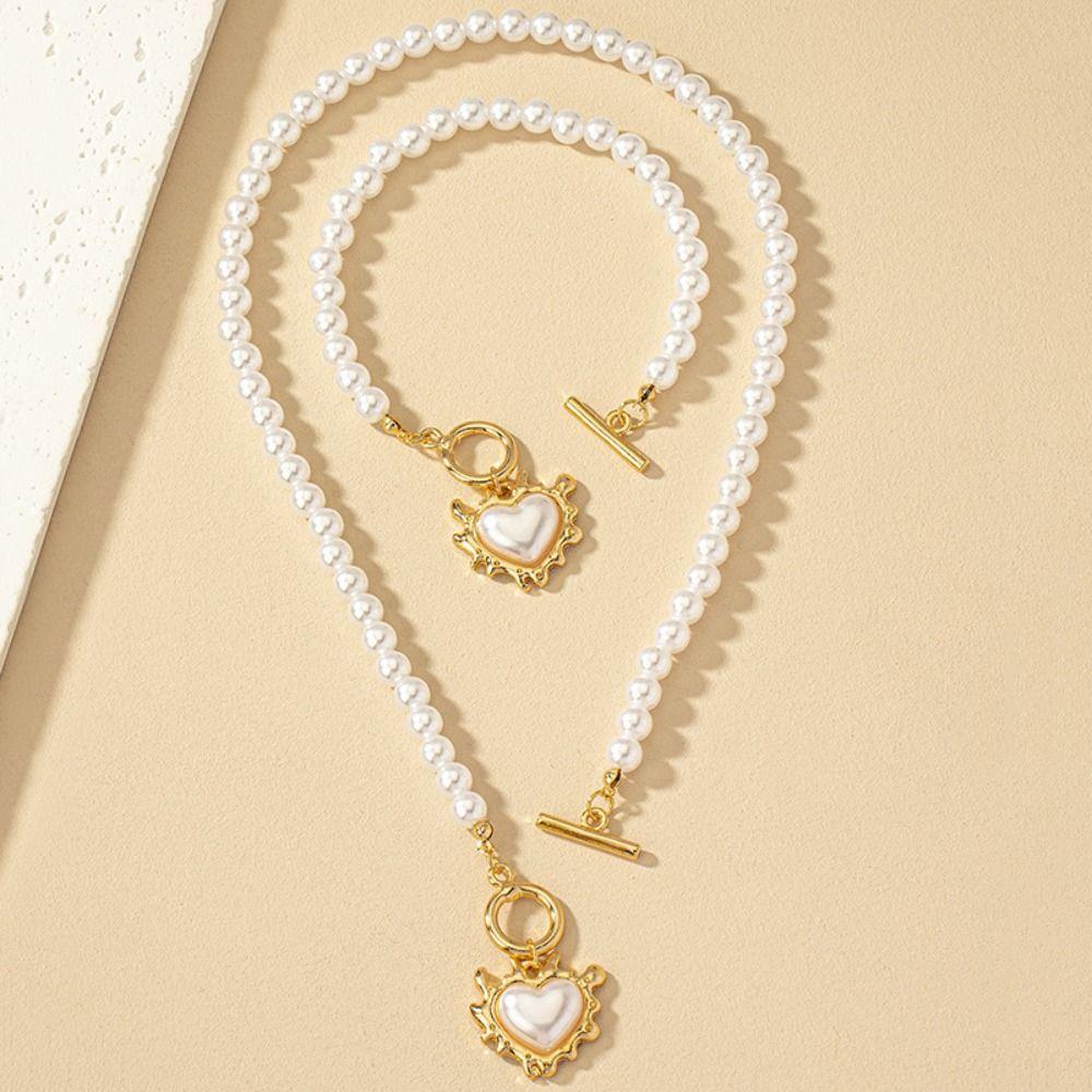 Crystal Heart Pendant Jewelry Set Exquisite Pearl Necklace Set Sweet Necklace Bracelet Set Women