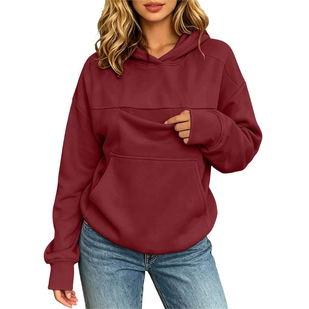 New Women's Zipper Pet Pocket Sweater Hooded Loose Long Sleeve Warm, Fleece Shirt