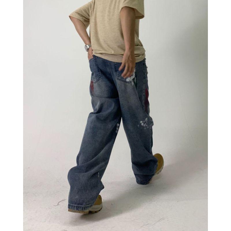 Европейские и американские уличные джинсы с чернильными пятнами для мужчин и женщин, нишевый дизайн, свободные широкие брюки для пар, повседневные универсальные брюки