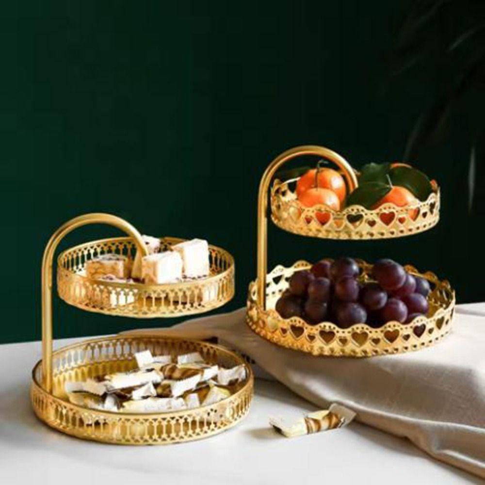 Gold Fruit Serving Tray Hollow Out 2 Tier Fruit Tray Multipurpose Jewelry Dish  Front Desk