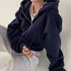 Women's Fashionable, Versatile, Short, Slim-fitting, Zippered, Warm, Solid-color Hooded Sweatshirt With Velvet