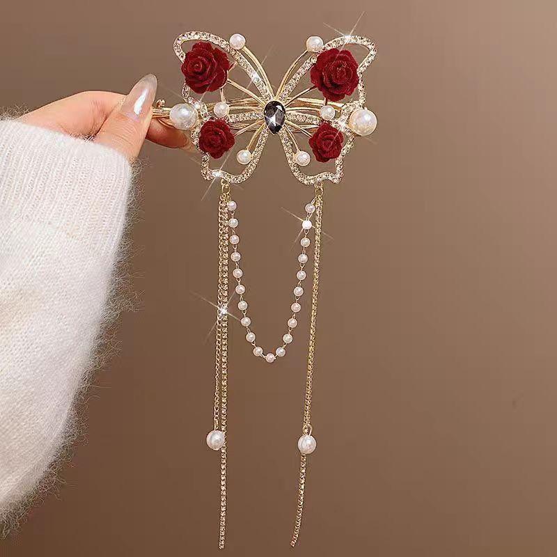 Женская красная кисточка с цветком, жемчуг, изысканная заколка-автомат для волос для женщин, рождественские заколки, зажим для волос, головной убор для невесты на Новый год