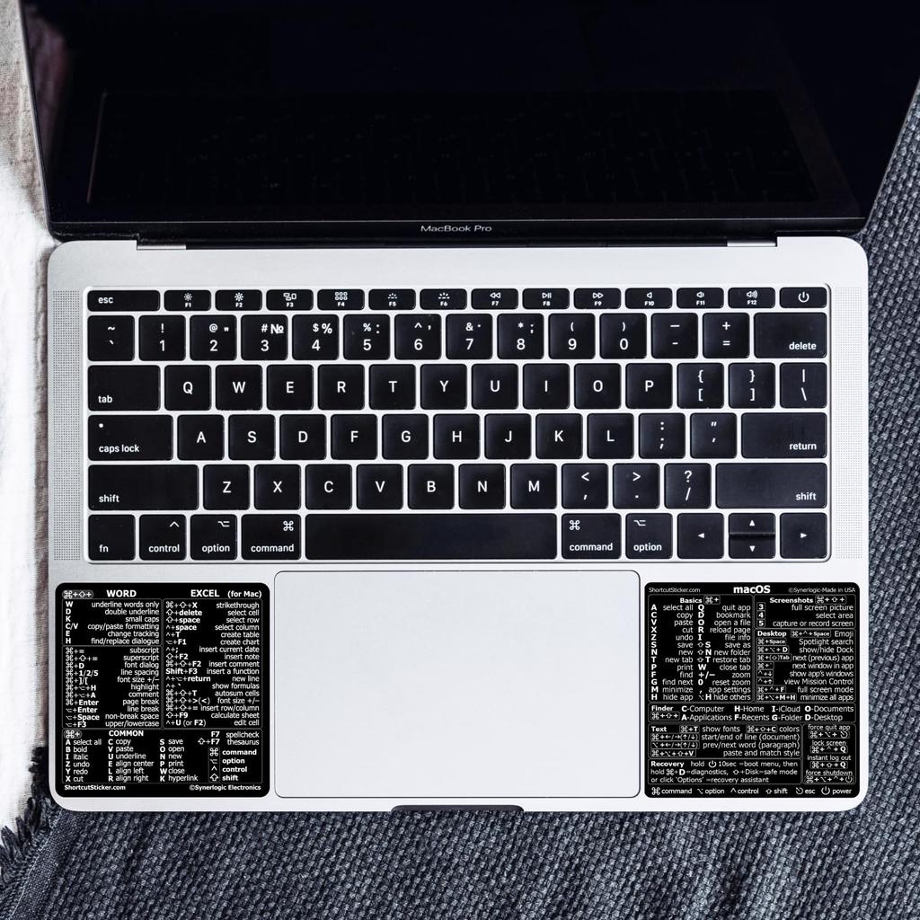 SYNERLOGIC Mac OS Quick Reference Keyboard Shortcut Stickers for MacBook 1 (M/Intel) + Word/Excel (for Mac) - Air/Pro/iMac/Mac/Mini (Black, Set)
