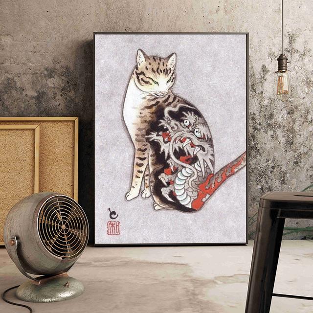 Solid Wood Frame Japanese Floating Samurai Cat Canvas Painting Retro Style Posters and Prints Wall Art Pictures for Living Room Wall Decor