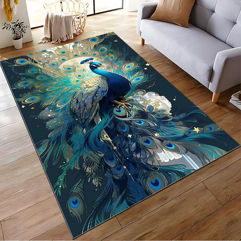 Elegant Blue Peacock Art on Dark Backdrop Rug - Non-slip rug suitable for living room and bedroom sofas.