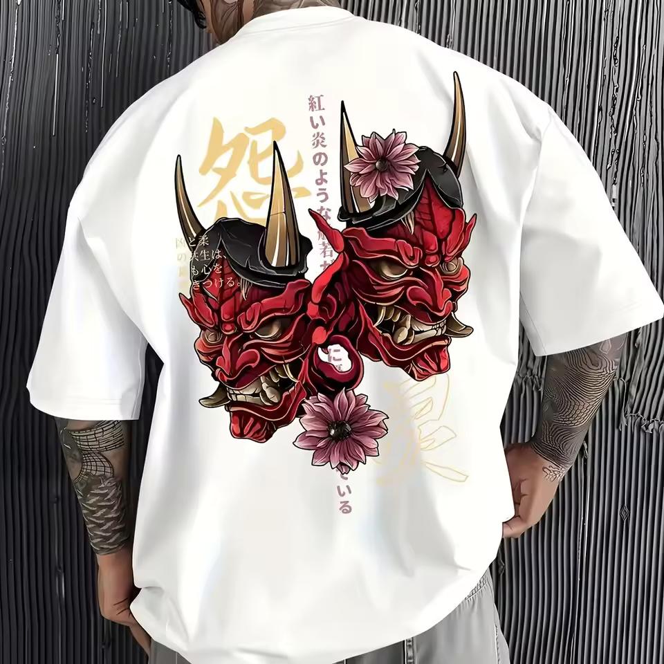 Japanese Hannya Mask Print T-Shirt Men Print Cherry Blossom Kanji Graphic Tee Harajuku Streetwear Loose Summer Short Sleeve Tops