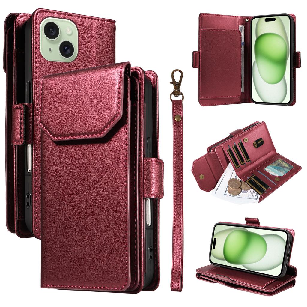 For iPhone 15 Case with Multi-Card Holder and Strap PU Leather Phone Cover Stand