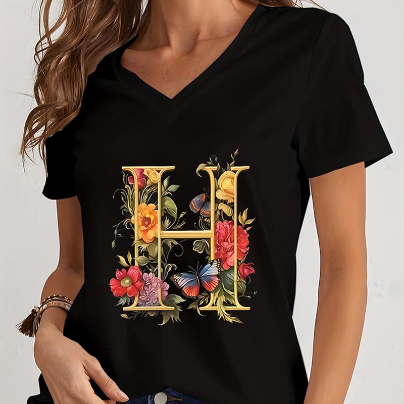 Women Tshirts AZ 26 Alphabet Flower Vintage Design Premium Tshirt Vintage Butterfly Flower 26 English Alphabet Summer Tshirt