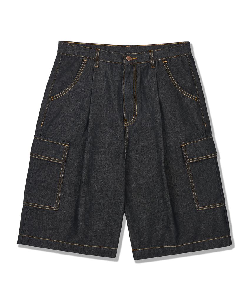 CONTROBANAL3 Raw Denim Wide Cargo Shorts [Black]