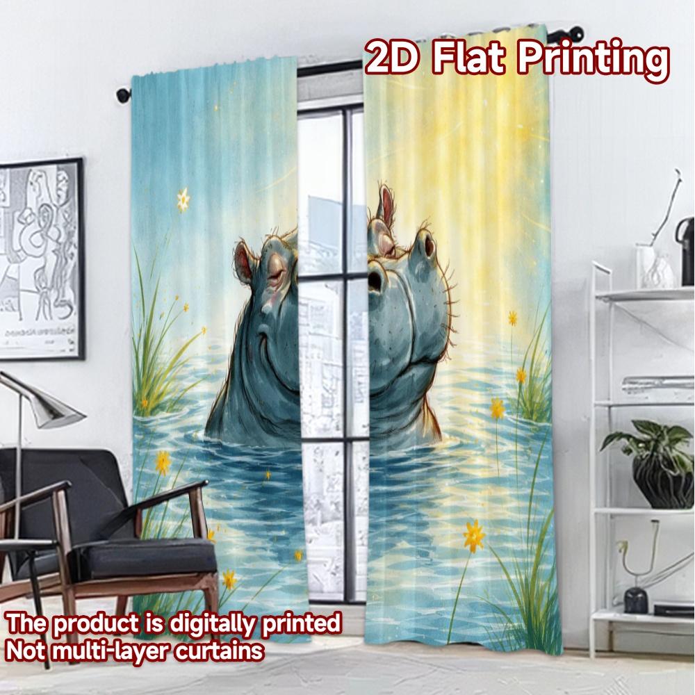 2D FLAT PRINTING 2pcs Curtains (Without Rod) Hippo Sunbathing in Water Modern Curtains&Window Treatment 100% Polyester Curtains