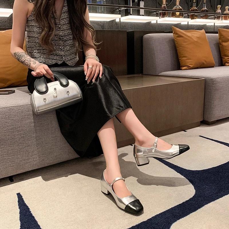 Женская обувь Бренд Ремешок с пряжкой Женские туфли на высоком каблуке Модные туфли-лодочки с цветовой блокировкой Женские туфли на новом квадратном каблуке Женские