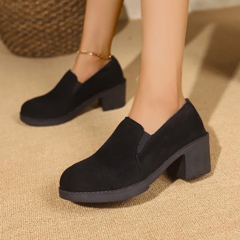 2024 Hot Selling Spring and Autumn Women's Shoes Fashionable Round Toe Solid Color Suede Medium Heel Slip-On Women's High Heels