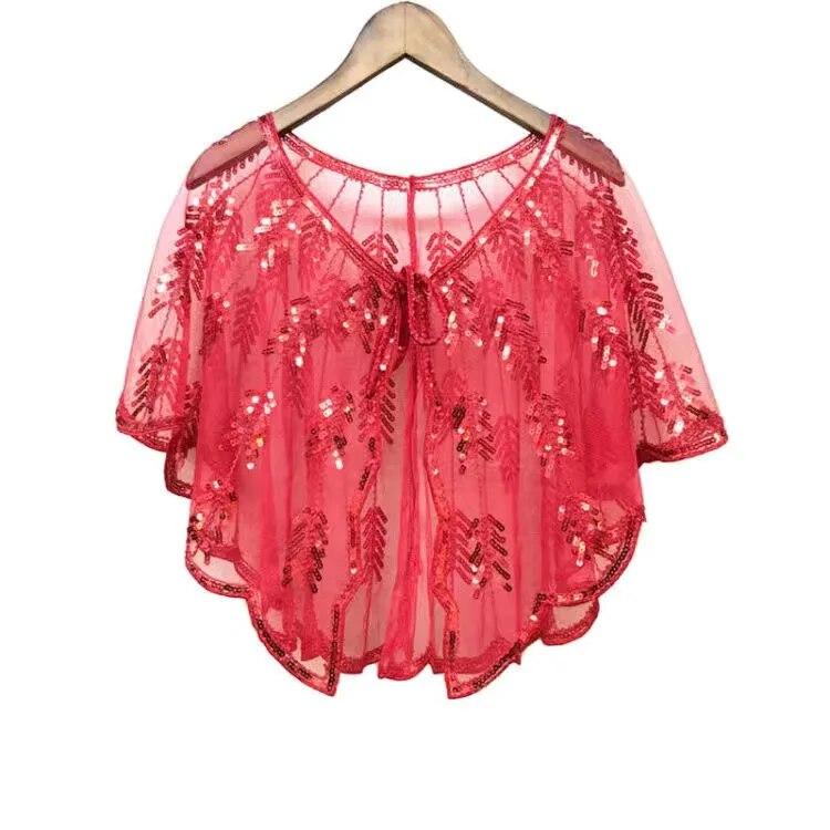 Ретро 1920-х годов, шаль с блестками и бисером, винтажная вечерняя накидка из прозрачной сетки с вышивкой в ​​виде листьев, женское болеро, аксессуары для вечеринок