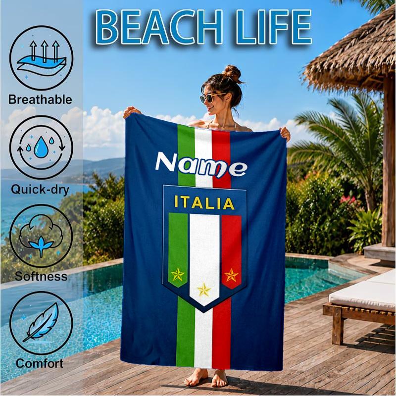 Custom Name Beach Towel Italian Football Crest Microfiber Beach Towel, Lightweight for Summer Travel, Swimming Pool Fan Birthday Gift