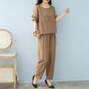 Женский комплект из хлопка и льна, повседневный комплект из 2 предметов: топ с короткими рукавами, круглым вырезом и длинными брюками с карманами, летний свободный домашний костюм