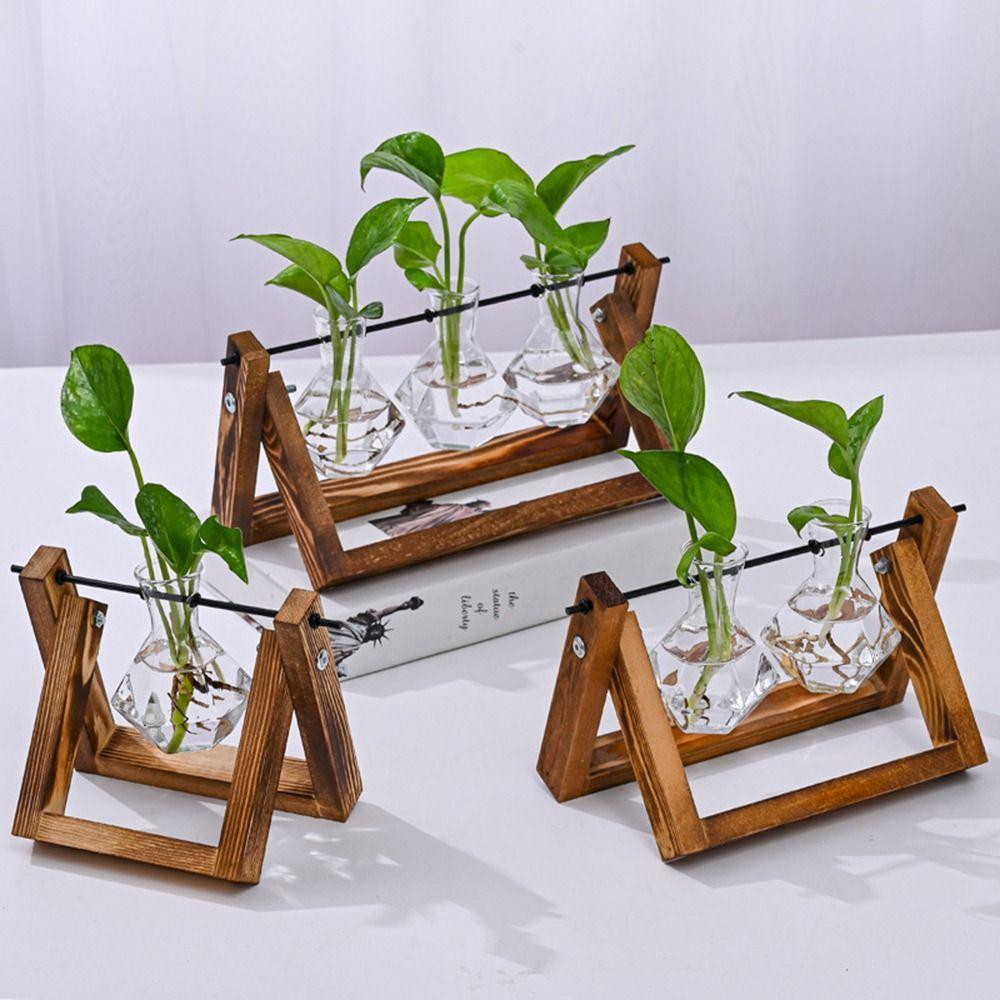 Planter Hydroponic Plant Vases Wooden Frame Bonsai Flower Pot Decoration Glass Vase