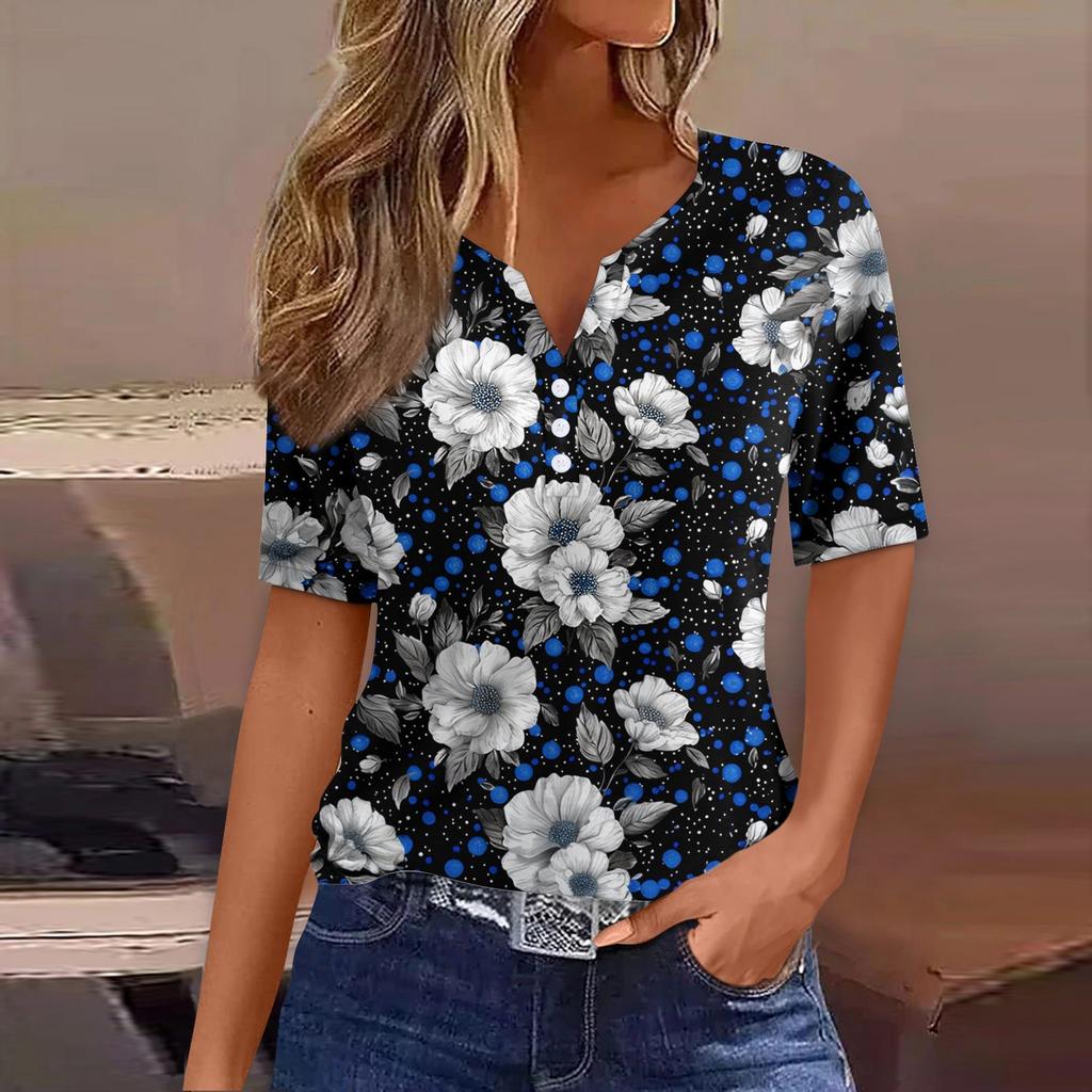 Women's T Shirt Print Button Short Sleeve Daily Weekend Fashion Basic V- Neck Regular Top
