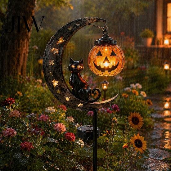 Festive Halloween Atmosphere Light Black Cat Moon Stake Light, Solar Metal Pumpkin Lantern with Decorative Lights for Garden Warm Glow, Spooky