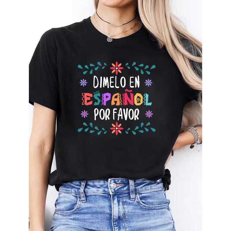 Women'S Casual Crew Neck Short Sleeve T-Shirt - "DIMENO EN ESPAÑOL POR FAVOR" Spanish Letter Print, Lightweight & Breathable Fabric,