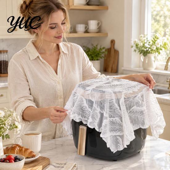 Kitchen Countertop Dust Protector White Lace Cover for Small Appliances, Protective Cloth Dining Table Vintage Hollow Embroidery Tablecloth,