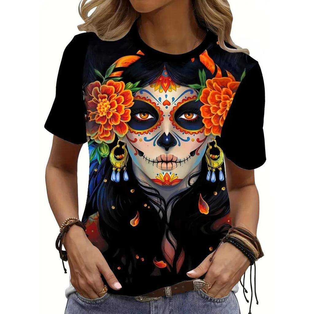 Женская повседневная футболка с принтом скелета, топ с круглым вырезом, летняя футболка с коротким рукавом, женская свободная одежда, модный уличный пуловер