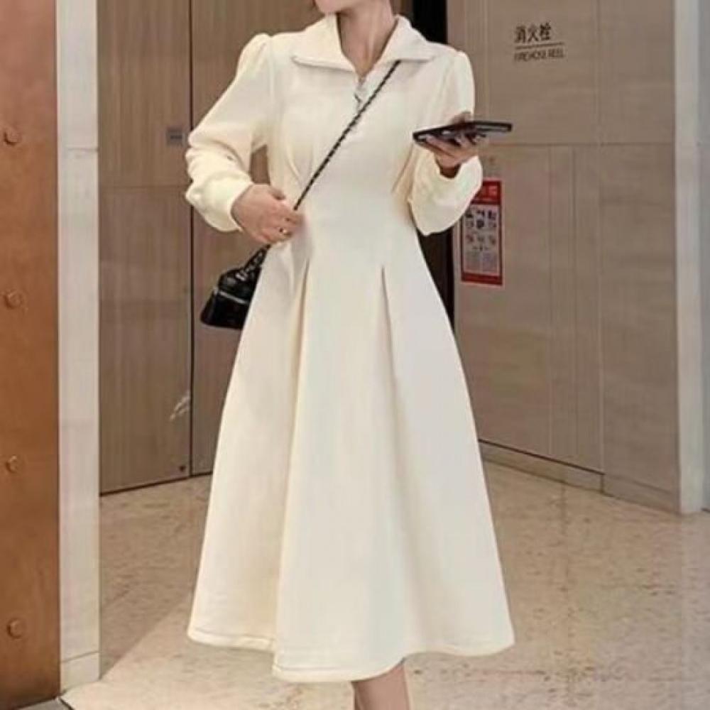 Navava Women Vintage Casual Zip Collar Long Sleeve Dress No865