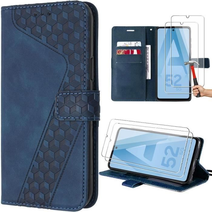 Coque pour Samsung Galaxy A52s 5G et A52 5G-4G, Bleu Marine, Flip-case Embossé en Cuir PU avec Support + 2 Verres Trempés