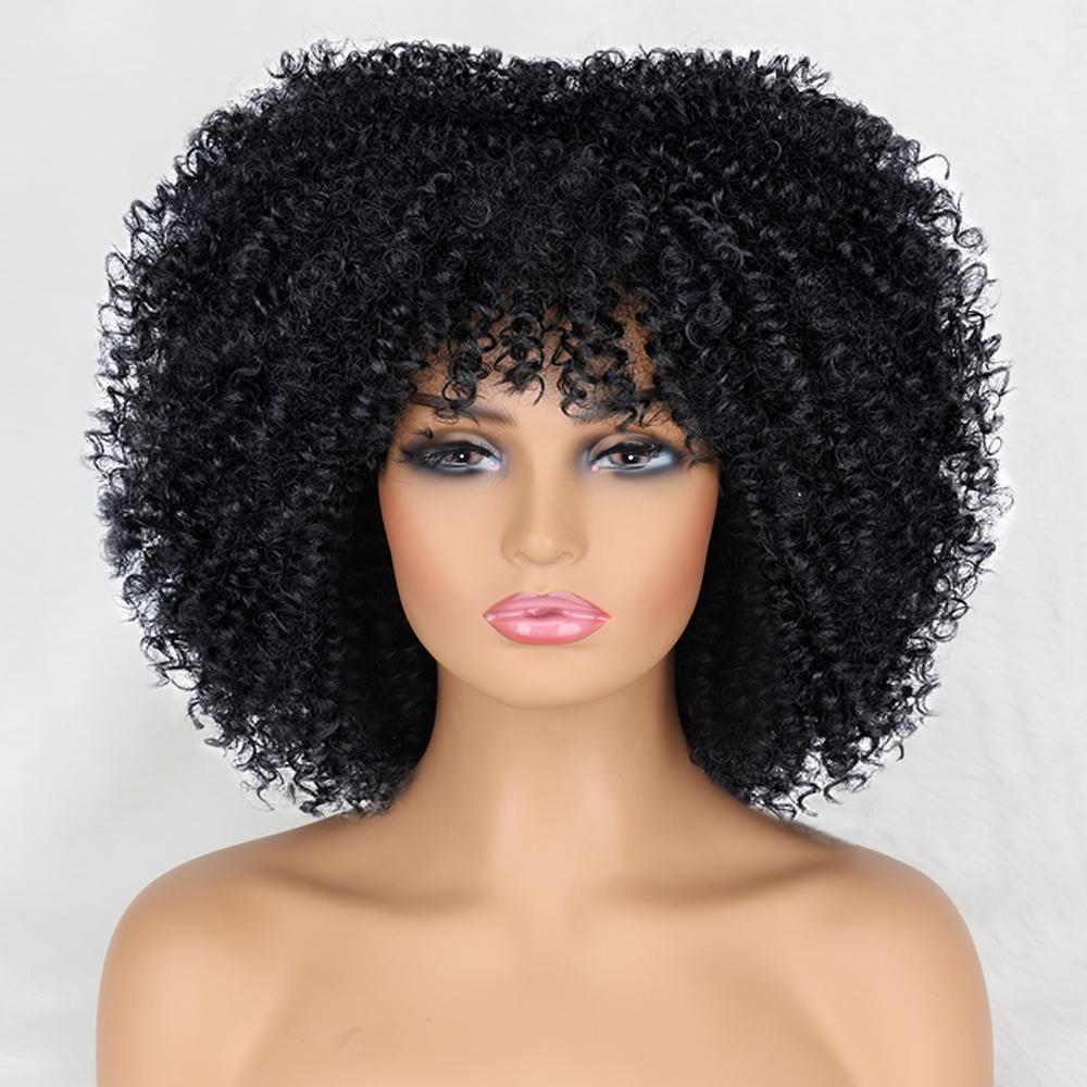MISS WIG Короткий вьющийся парик из синтетического термостойкого волокна, черный, коричневый, с челкой, афро-градиентные парики для косплея