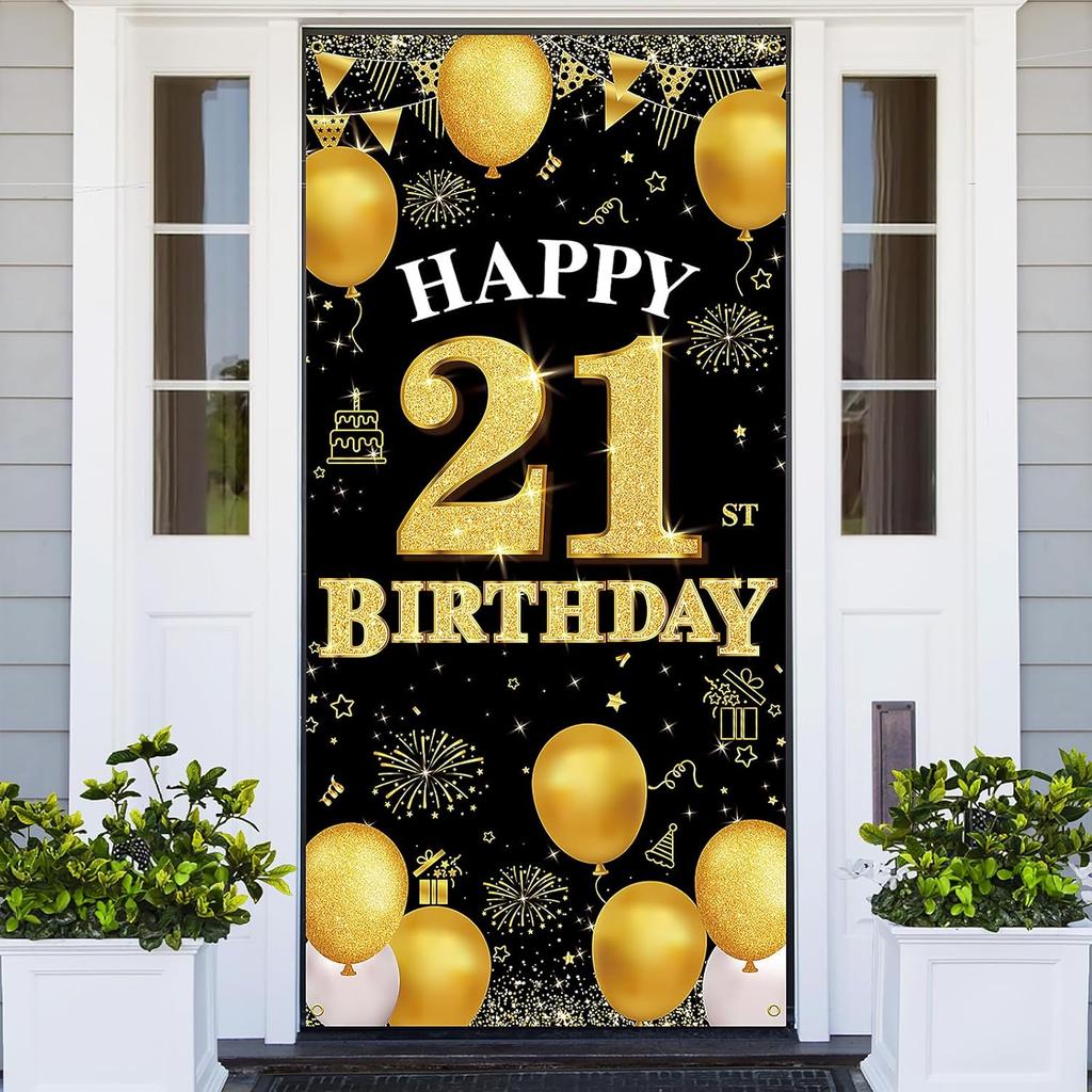 Happy 21st Birthday Decorations for Her Him, Black Gold 21 Birthday Banner Backdrop, Fabric Door Decor Yard Sign Photo Booth Props for Men and Women,