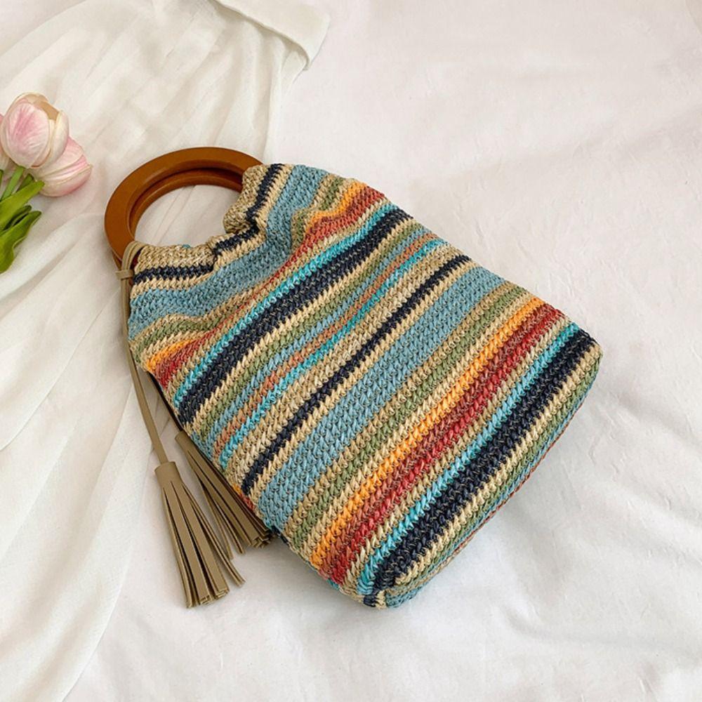 Hollow Out Rainbow Woven Handbag Bohemian Style Underarm Bag Simple Summer Bucket Bag  Holiday
