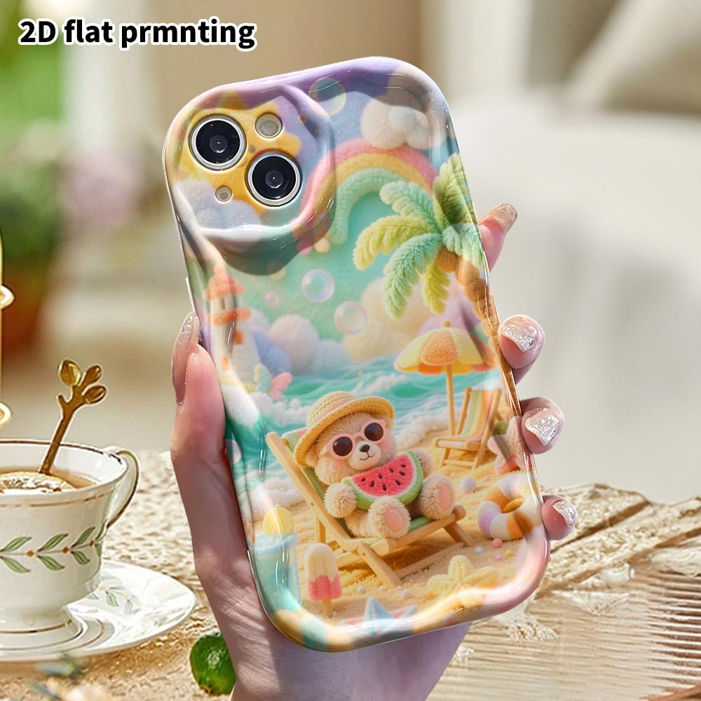 Phone case: 2D flat, suitable for iPhone 18, 17, 16, 15, 14, 13, 12 Pro protective cases, cute bear beach vacation, perfect Christmas and Halloween ho
