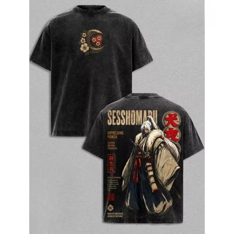Classic Anime Inuyasha Sesshoumaru Manga Graphic Print T-shirt Men Women Vintage Washed Crewneck Cotton Loose Casual Oversized Top Summer New Tee