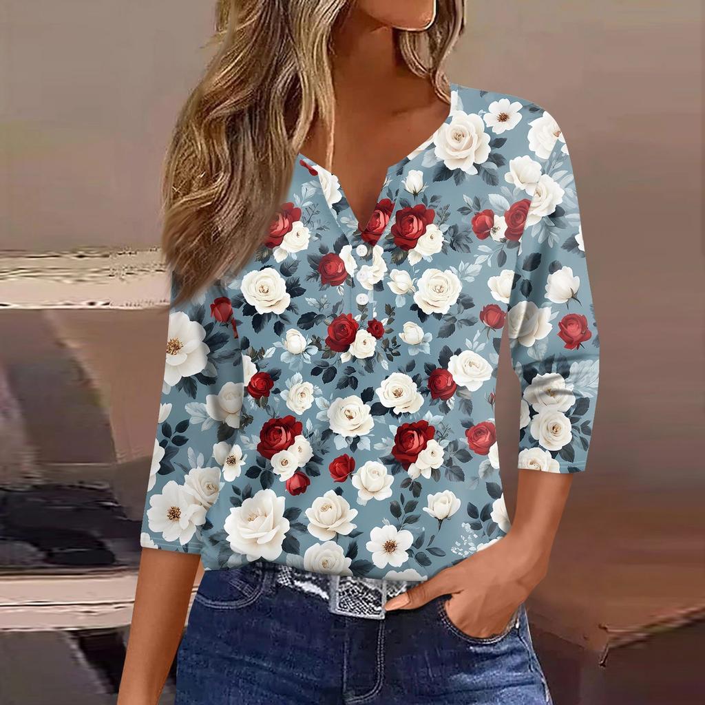 Жен. Футболка С принтом Пуговицы Рукав 3/4 Повседневные Выходные Мода Классический Классический V-образный вырез Обычный Верх