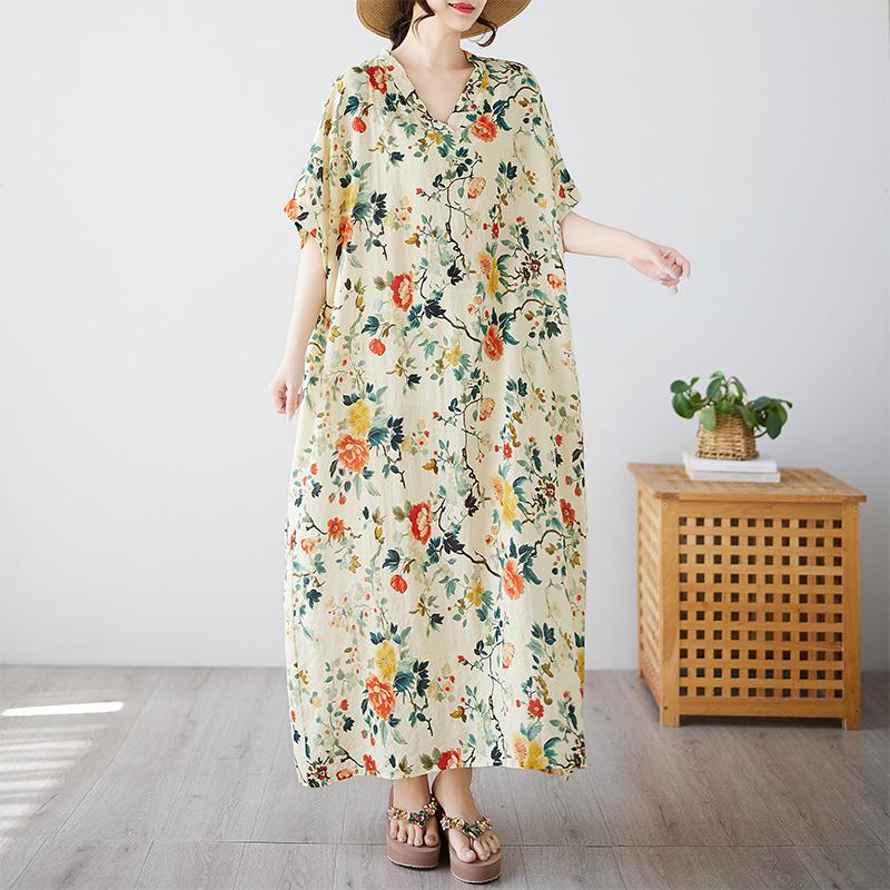 DIMANAF 2025 Летнее платье больших размеров Базовое женское повседневное свободное винтажное новое длинное платье большого размера с цветочным принтом Макси