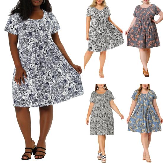 Женское платье с круглым вырезом, короткими рукавами, плиссированной деталью, короткое, с цветочным принтом, летящим подолом, свободного кроя, большого размера