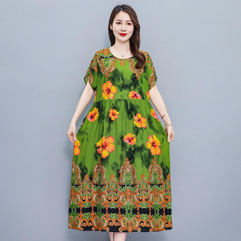 Mom cotton silk dress summer middle-aged and elderly women's clothing short sleeves high-end temperament rayon skirt with pockets