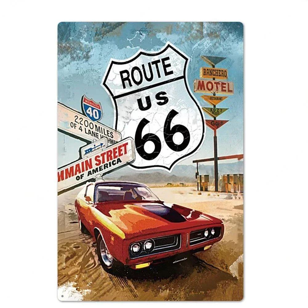 Сувенирная номерная табличка Route 66, Американский металлический знак для авто 20x30см